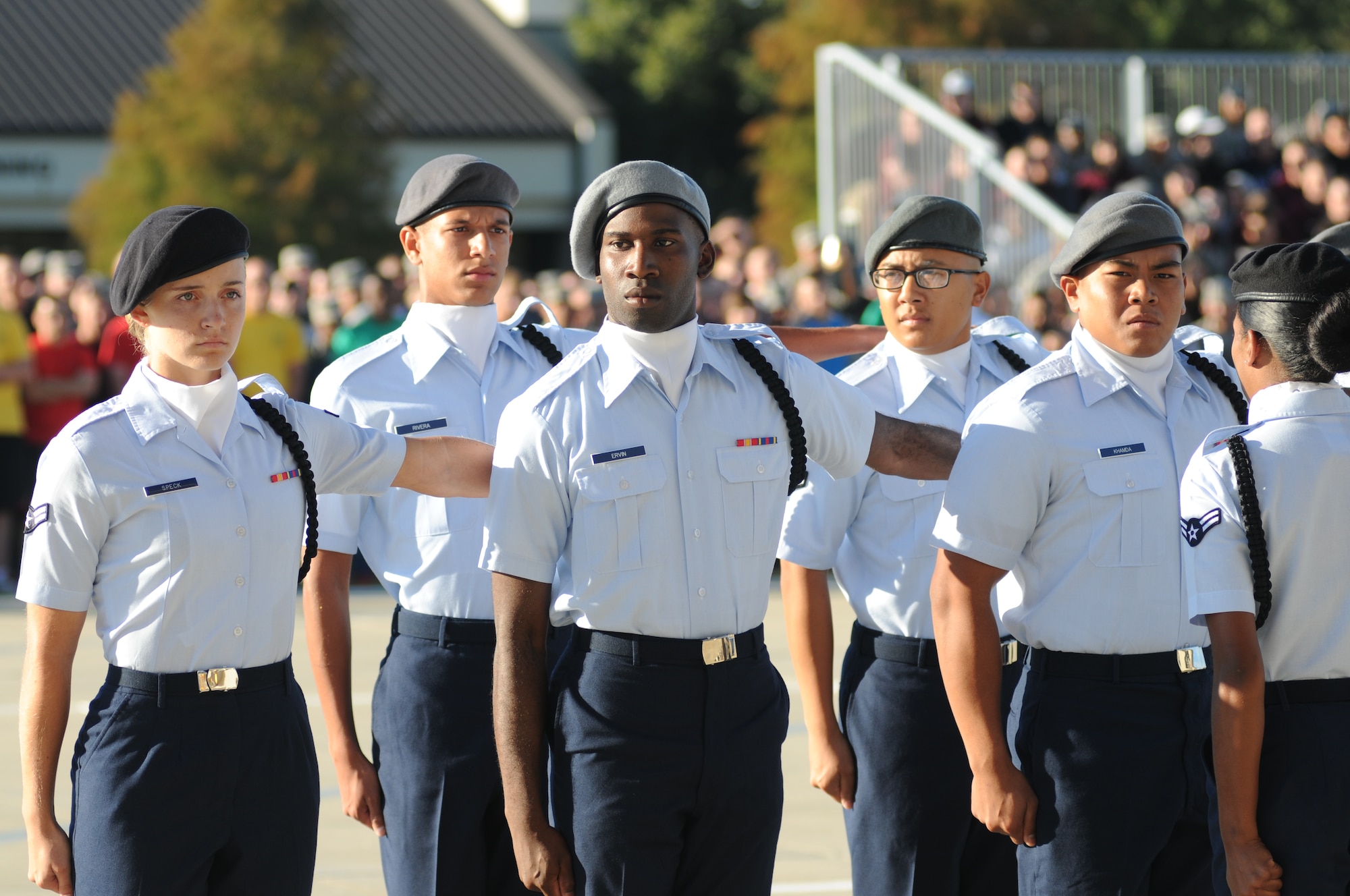 Members of the 335th Training Squadron regulation drill team perform during the 81st Training Group drill down Oct. 24, 2014, at the Levitow Training Support Facility Drill Pad, Keesler Air Force Base, Miss.  The 335th TRS “Bulls” placed third in the regulation competition. (U.S. Air Force photo by Kemberly Groue)