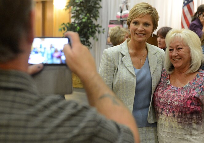 Mary Nickles from Utah’s KUTV 2 News shared her personal story as a breast cancer survivor  with military and civilian employees during a brunch Oct. 15 at Hill Air Force Base. October is Breast Cancer Awareness Month, and the base sponsored the event to encourage early detection in the fight against breast cancer. (U.S. Air Force photo by Alex R. Lloyd)