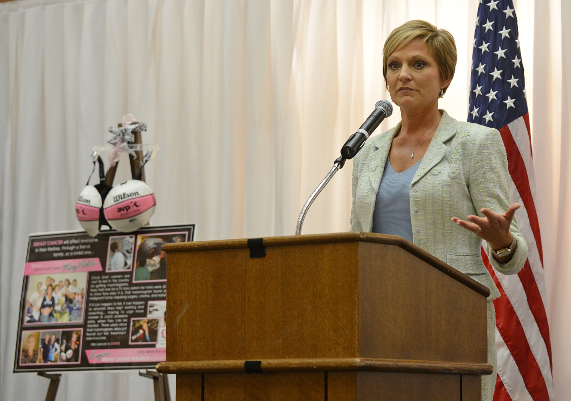 Mary Nickles from Utah’s KUTV 2 News shared her personal story as a breast cancer survivor  with military and civilian employees during a brunch Oct. 15 at Hill Air Force Base. October is Breast Cancer Awareness Month, and the base sponsored the event to encourage early detection in the fight against breast cancer. (U.S. Air Force photo by Alex R. Lloyd)