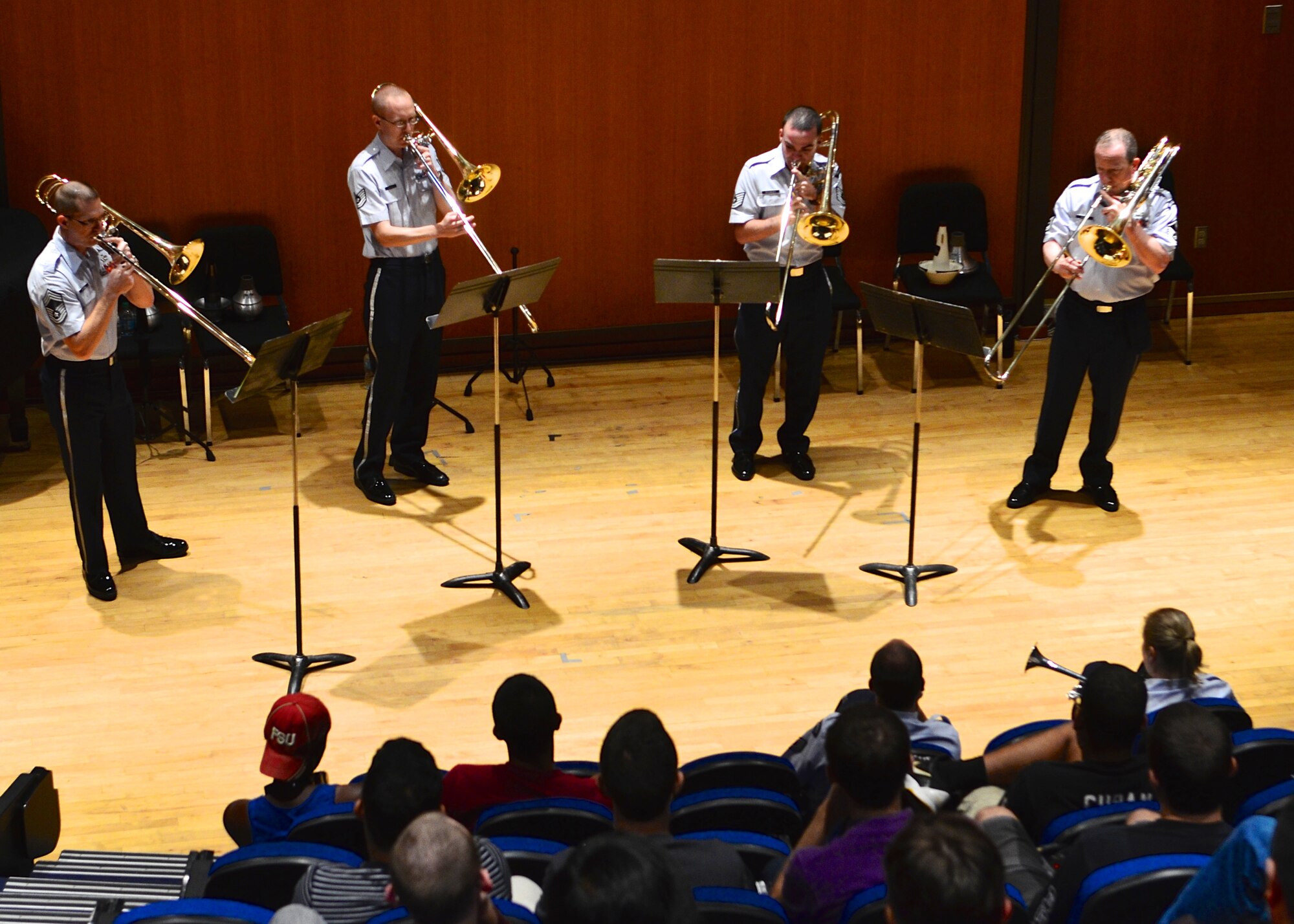 The United States Air Force Band's trombone quartet performs in a concert of chamber music for students at Florida State University, October 15, 2014. This performance is a part of the Band's fall Concert Band and Singing Sergeants tour through the Southeast. (U.S. Air Force photo by Senior Master Sgt. Bob Kamholz/released).