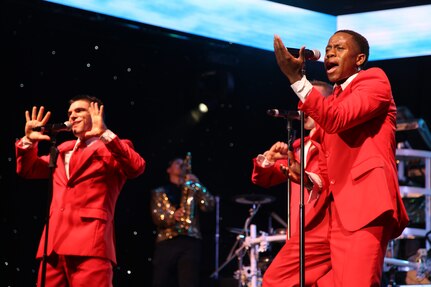 Airmen from Tops in Blue perform in front of a full house Oct. 25, 2014 at the Joint Base San Antonio-Lackland Bob Hope Theatre. Tops in Blue began in 1953 as a way to recognize the high caliber of amateur entertainment available within the Air Force, and now uses the Air Force Worldwide Talent Contest as a casting call hosted at JBSA-Lackland, where they performed for basic trainees Oct. 24, 2014. (U.S. Air Force photo by Airman 1st Class Stormy Archer/Released)