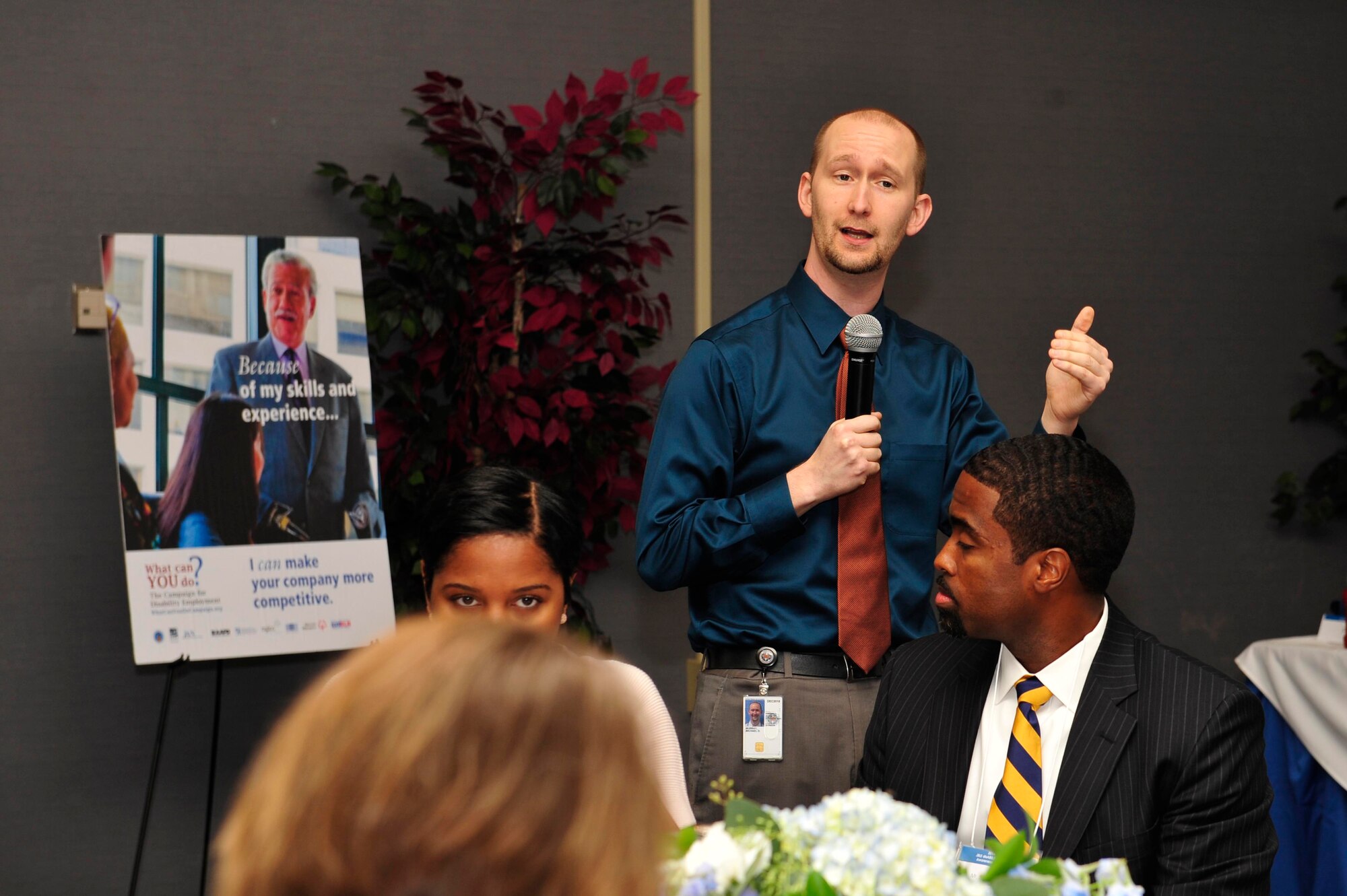 Michael Murray, U.S. Office of Personnel Management principal advisor, speaks about disability during a National “disABILITY” Employment Awareness Month training event at Langley Air Force Base, Va., Oct. 23. The event was held to recognize the supportive attributes people with disabilities can offer to the military workforce. (U.S. Air Force photo by Airman 1st Class Breonna Veal/Released) (This photo was cropped and color corrected to emphasize the subject.)