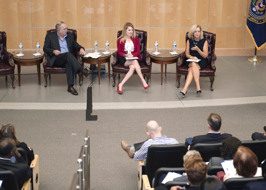 DIA Deputy Director Doug Wise and NGA Chief Operating Officer Ellen McCarthy, far right, kicked-off the 2014 IC Women’s Summit with a keynote discussion about incorporating diversity, moderated by Christina Monaco, center, NGA Office of Corporate Communication. 