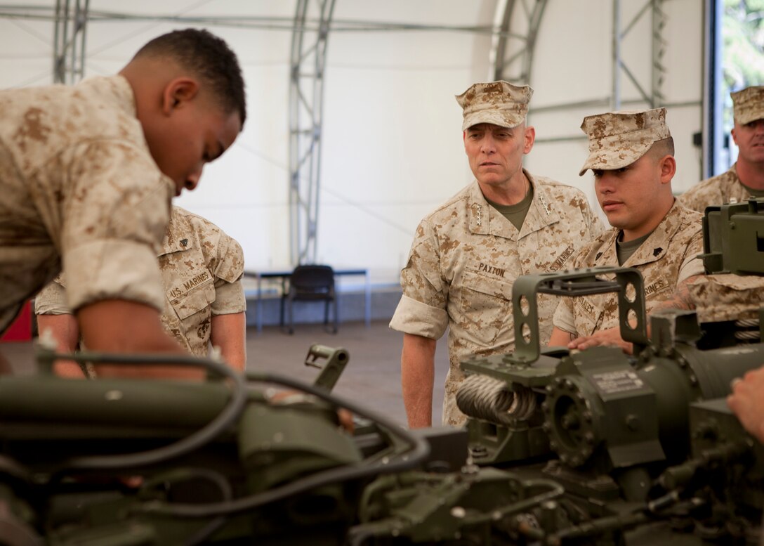 The Assistant Commandant of the Marine Corps, Gen. John M. Paxton, Jr., visits Marines assigned to the Ground Combat Element Integrated Task Force aboard Marine Corps Base Camp Lejeune, Nc., Oct. 27, 2014. (U.S. Marine Corps photo by Cpl. Tia Dufour/Released)