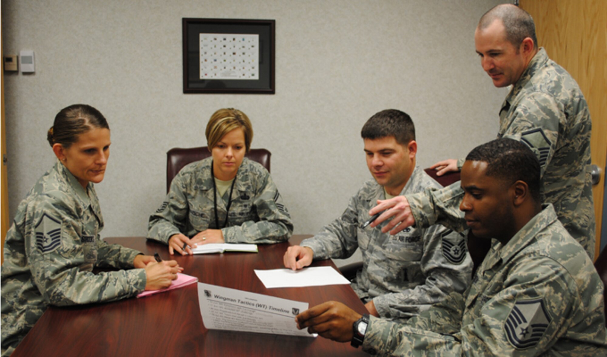 Master Sgt. Jena Brooks, far left and members of the Wingman Tactics Team look over best practices submitted by Airmen Oct. 15, 2014, at Langley Air Force Base, Va. Senior NCOs from the wing recently created the Wingman Tactics Review Process to collect and review best practices and disseminate them throughout the wing. Brooks is a 480th Intelligence, Surveillance and Reconnaissance Wing training superintendent. (U.S. Air Force photo/Marge McGlinn)