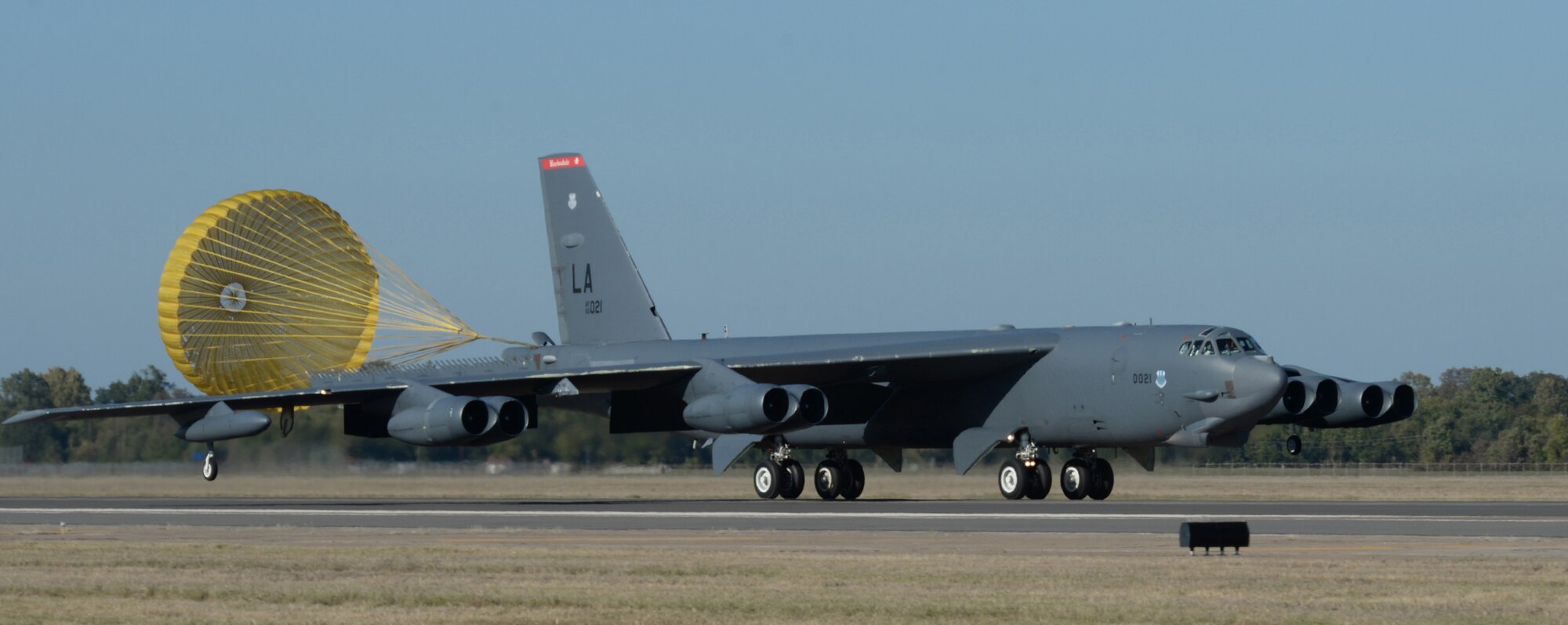 A B-52H Stratofortress lands during Global Thunder 15 on Oct. 26, 2014, at Barksdale Air Force Base, La. Global Thunder is a U.S. Strategic Command annual field training and battle staff exercise designed to exercise all mission areas with primary emphasis on nuclear command, control and communications. This exercise provides training opportunities for components, task forces, units, and command posts to deter, and if necessary, defeat a military attack against the United States and to employ forces as directed by the president. (U.S. Air Force photo/Airman 1st Class Curt Beach)