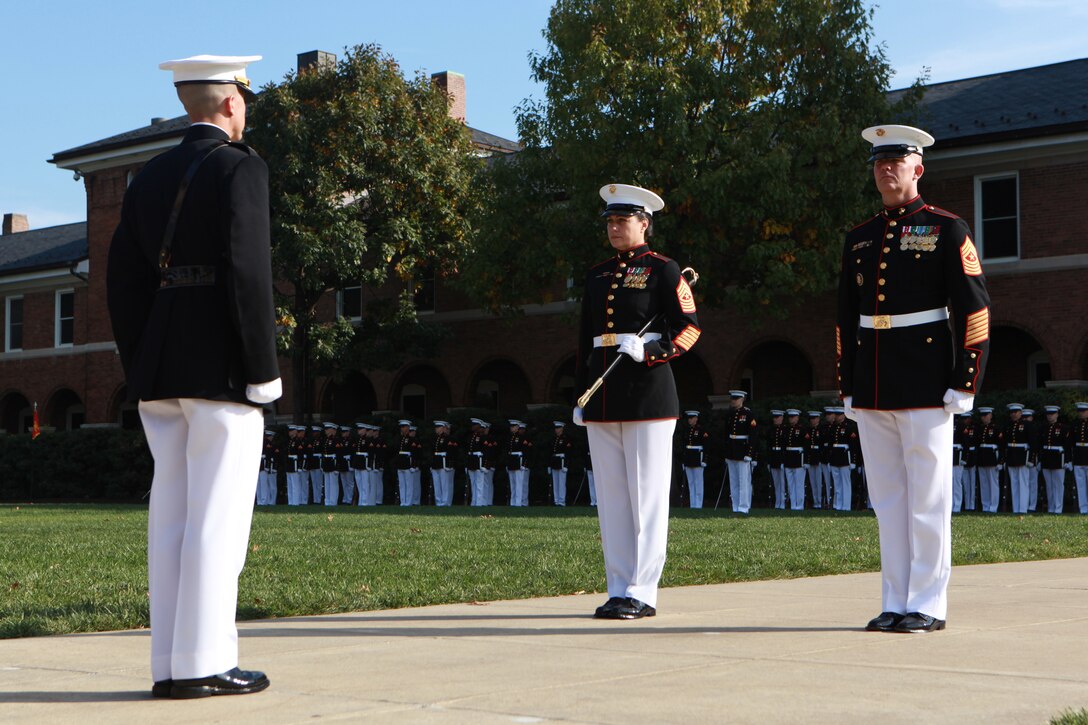 Marine Barracks Washington hosts a Relief and Appointment Ceremony at which Sgt. Maj. Angela M. Maness relinquished her post to Sgt. Maj. Joseph C. Gray, in Washington, D.C., Oct. 29, 2014. (U.S. Marine Corps photo by Sgt. Marionne T. Mangrum)