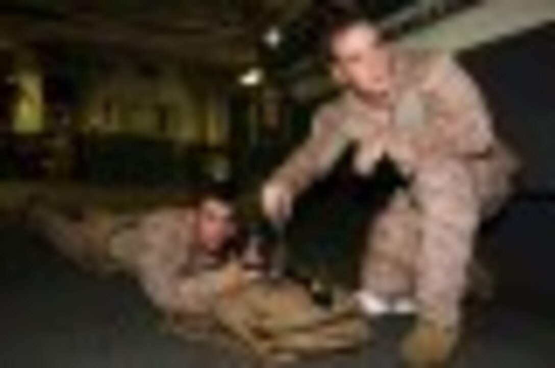 Cpl. Patrick D. Guthaus, a military policeman and Lansing, Michigan native with the 11th Marine Expeditionary Unit (MEU), helps Cpl. Andrew J. Citriniti, a military policeman and Sauquoit, New York native with the 11th MEU, battle zeroes his PEQ 15 illuminator aboard the USS Makin Island, Oct. 7.  The Makin Island Amphibious Ready Group (ARG) and the embarked 11th MEU are deployed in support of maritime security operations and theater security cooperation efforts in the U.S. 5th Fleet area of responsibility.(U.S. Marine Corps photo by Cpl. Laura Y. Raga/RELEASED)
