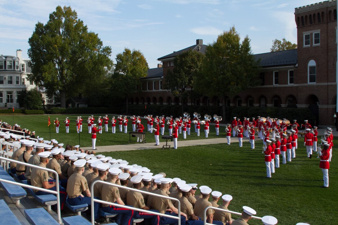 “The Commandant’s Own,” The United States Marine Drum & Bugle Corps performs at Marine Barracks Washington, D.C., during a relief and appointment ceremony at the Barracks, Oct. 29, 2014. During the ceremony, Sgt. Maj. Joseph C. Gray took over responsibilities from Sgt. Maj. Angela M. Maness as the Barracks sergeant major.