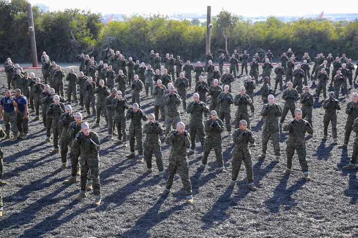 Recruits of Kilo Company, 3rd Recruit Training Battalion, practice lead and rear-hand punches during the Intro to the Marine Corps Martial Arts Program class aboard Marine Corps Recruit Depot San Diego, Oct. 22.  After recruits received the classroom portion of what they were being taught, instructors had recruits “setup the dojo,” where they lined up double-arms-distance away from each other in rows so they could safely perform the techniques.  