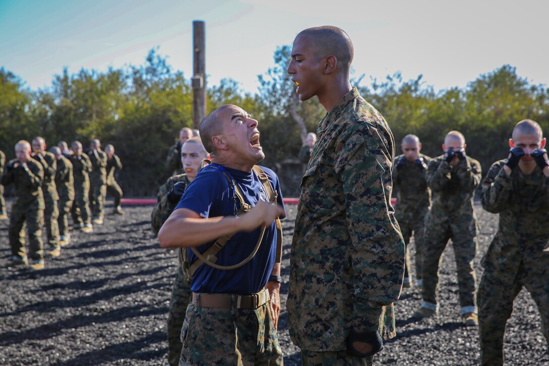 Sgt. Francisco Rodriguez Jr., drill instructor, Platoon 3230, Kilo Company, 3rd Recruit Training Battalion, corrects a recruit for not following directions during the Intro to the Marine Corps Martial Arts Program class aboard Marine Corps Recruit Depot San Diego, Oct. 22.  Drill instructors ensured recruits utilized proper technique and put forth maximum effort.