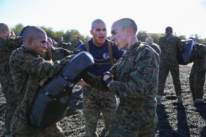 Sgt. Christopher S. Merrill, drill instructor, Platoon 3231, Kilo Company, 3rd Recruit Training Battalion, critiques a recruit’s upper-cut technique during the Intro to the Marine Corps Martial Arts Program class aboard Marine Corps Recruit Depot San Diego, Oct. 22.  With the collaboration of martial arts instructors and drill instructors, recruits receive a solid foundation and will increase their confidence in their abilities.