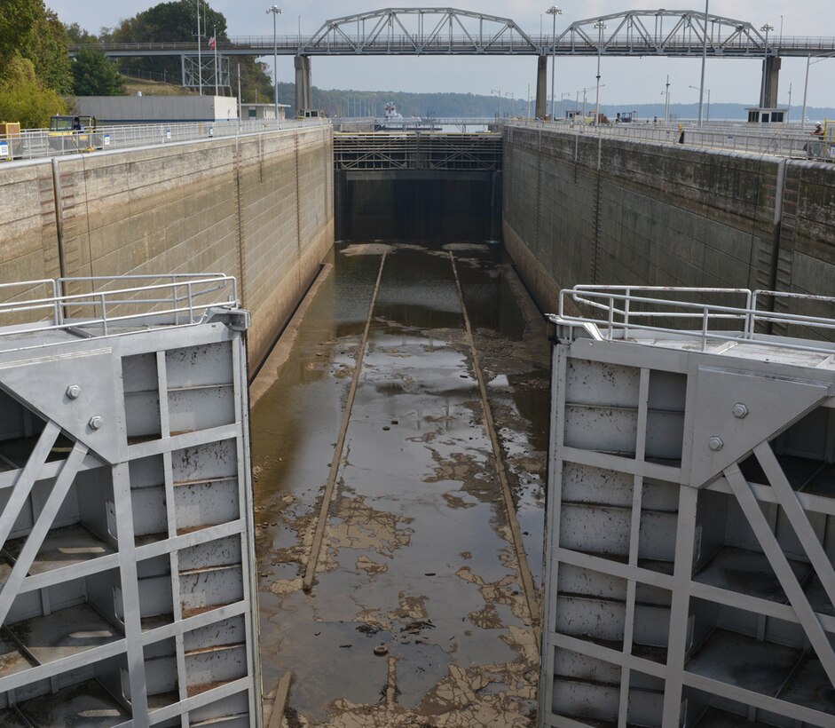 The Wheeler Navigational Lock is dry this week as work crews begin to inspect and repair underwater components Oct. 28, 2014.  U.S. Army Corps of Engineers Nashville District employees dewatered the 51-year-old, 110-by-600-foot lock and closely inspected the 67-foot miter gates, culvert valves and all other areas of the lower lock chamber that are normally underwater.