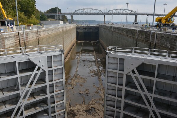 The Wheeler Navigational Lock is dry this week as work crews begin to inspect and repair underwater components Oct. 28, 2014.  U.S. Army Corps of Engineers Nashville District employees dewatered the 51-year-old, 110-by-600-foot lock and closely inspected the 67-foot miter gates, culvert valves and all other areas of the lower lock chamber that are normally underwater.