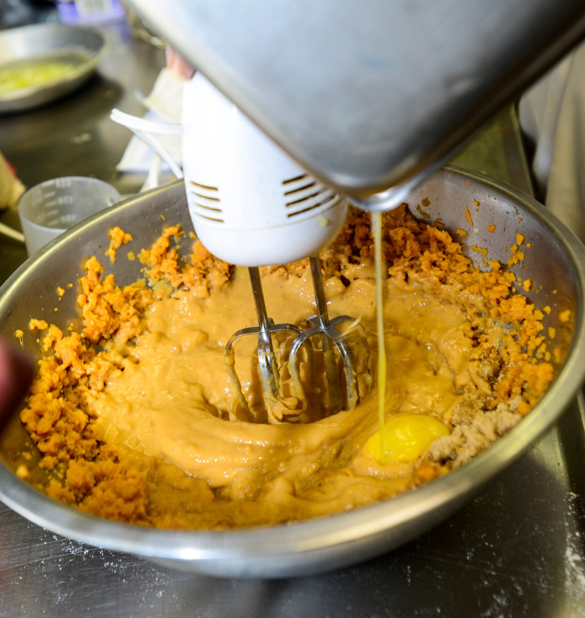 Eielson Iron Chef of the Quarter cooking competition ingredients consisted of corned beef hash, Spam, eggplant and sweet potatoes, which had to be presented in an appetizer, entrée, or dessert entry at the Two Seasons Dining Facility, Eielson Air Force Base, Alaska, Oct. 24, 2014. The competition was based solely on the teams’ personal cooking, preparation and presentation skills. (U.S. Air Force photo by Senior Airman Racheal E. Watson/Released)