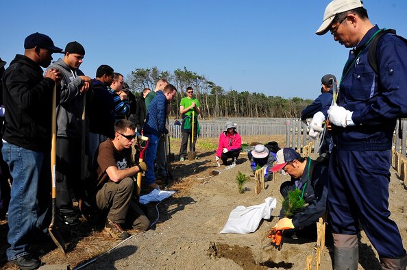 Members of Misawa Air Base watch as local Japanese agriculturalists show them how to properly plant the tree seedlings at the 3rd Annual Coastal Shore Belt Reconstruction Forest Project near Itsukawame, Japan, Oct. 25, 2014. Aomori Prefecture plans to plant trees every year in hopes of restoring the Coastal Shore Belt forest and providing protection from natural disasters to the local community. (U.S. Air Force photo/Tech. Sgt. April Quintanilla)