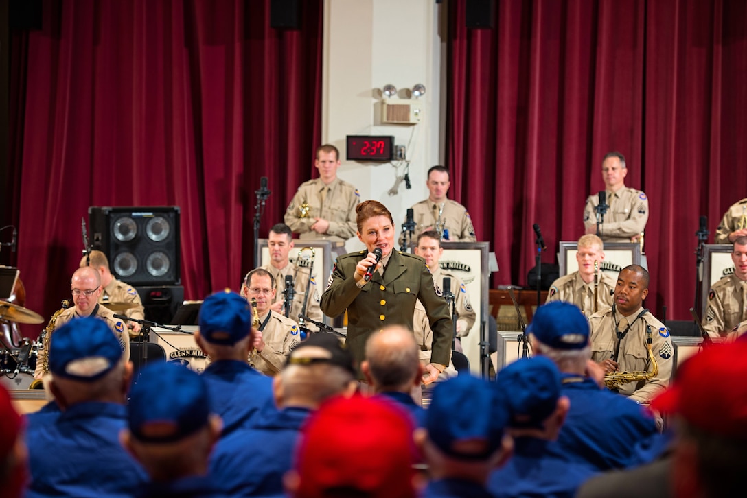 Technical Sergeant Paige Martin sings with the Airmen of Note for a special group of Honor Flight veterans that visited the United States Air Force Band.  The band is always proud to honor these veterans and to thank them for their service.  (U.S. Air Force Photo/released)