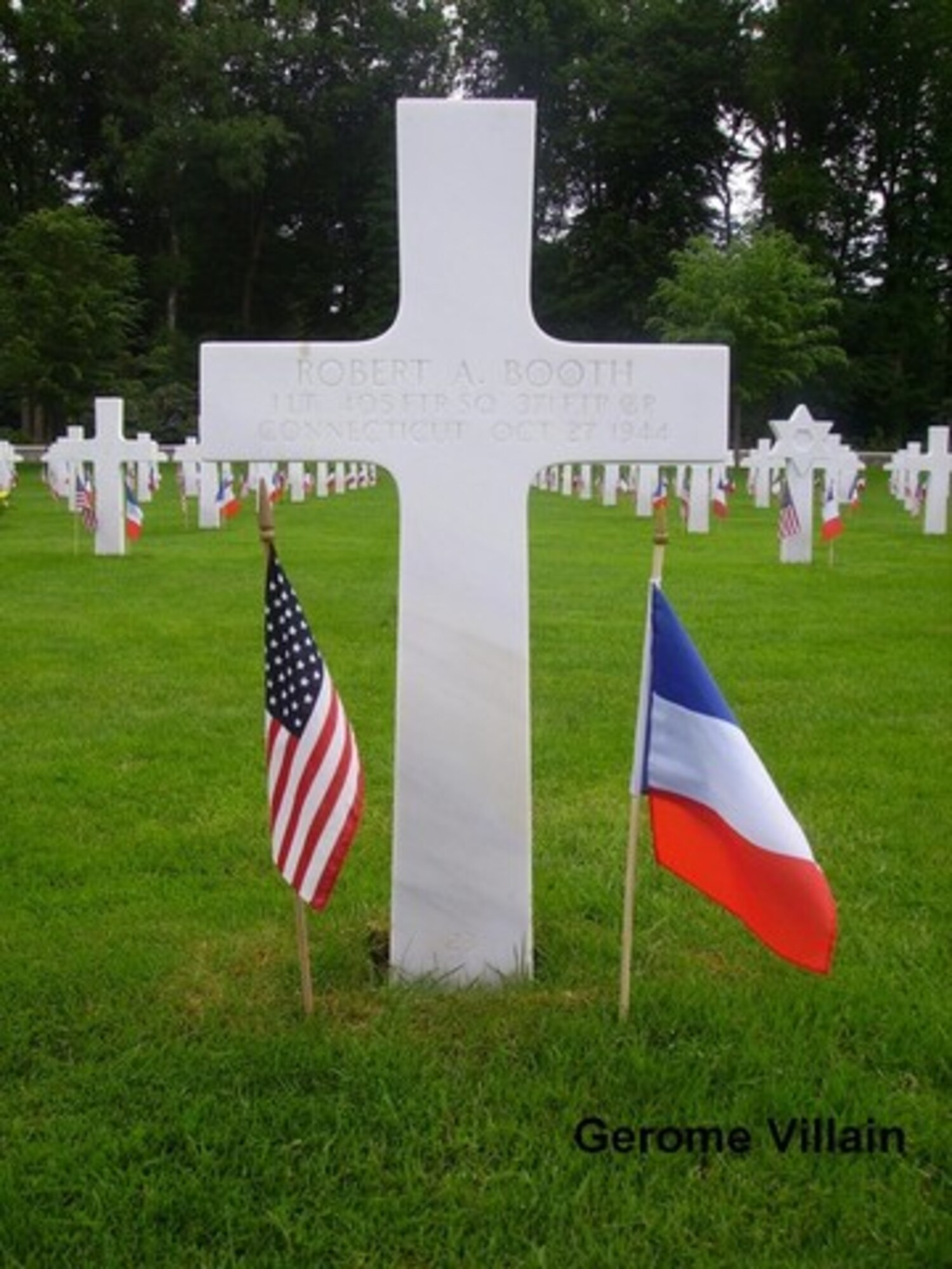 Grave marker for 1Lt Robert A. Booth in Plot B, Row 12, Grave 23, of the Epinal American Cemetery and Memorial, Epinal, France.  For his service 1Lt Booth was awarded the Distinguished Flying Cross, the Air Medal with nine Oak Leaf Clusters and the Purple Heart. Source:  (Courtesy Mr. Jürg Herzig, Stand Where They Fought website, used with permission) 
