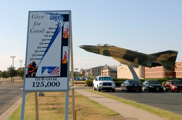 GOODFELLOW AIR FORCE BASE, Texas – A sign inside Goodfellow’s north gate Oct. 28 shows 100 percent of the Combined Federal Campaign goal has been met.  Goodfellow is the first base in Air Education and Training Command to reach its CFC goal for 2014. (U.S. Air Force photo/1st Lt. Nathaniel Roesler)