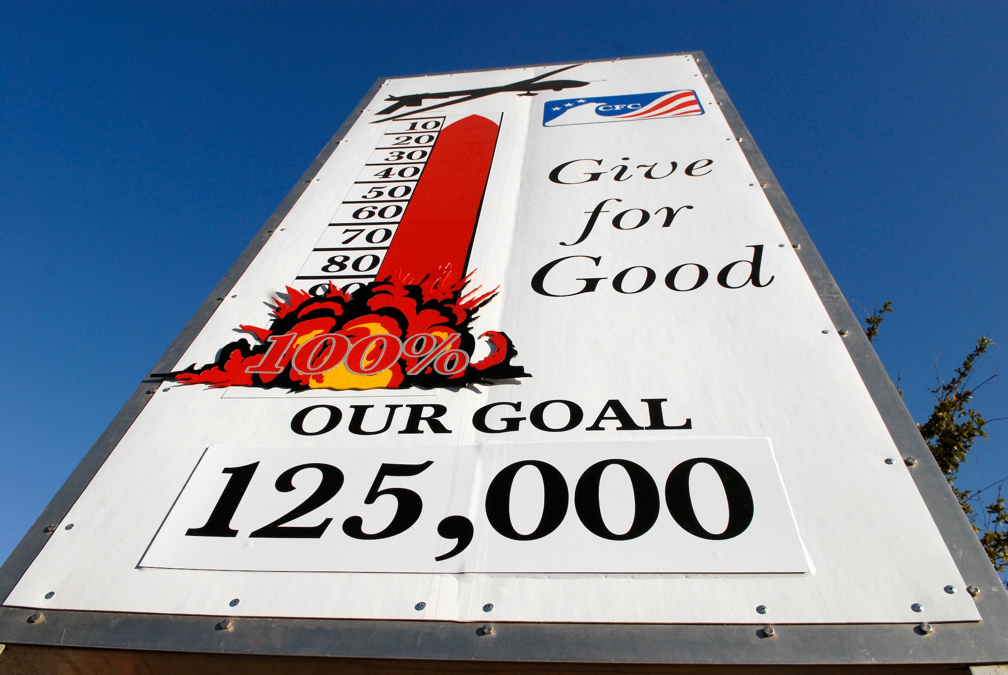 GOODFELLOW AIR FORCE BASE, Texas – A sign just inside Goodfellow’s Jacobson Gate Oct. 28 shows 100 percent of the Combined Federal Campaign goal has been met.  Goodfellow is the first base in Air Education and Training Command to reach its CFC goal for 2014.  (U.S. Air Force photo/1st Lt. Nathaniel Roesler)