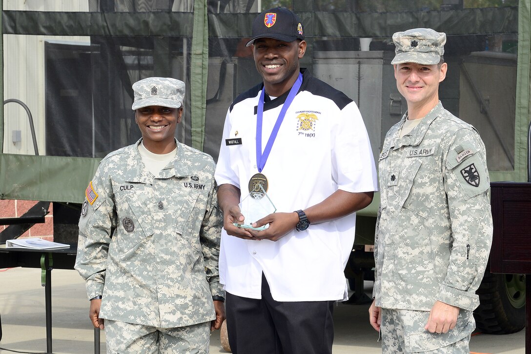 U.S. Army Command Sgt. Maj. Vickie Culp, 7th Transportation Brigade (Expeditionary) sergeant major, and Lt. Col. Kenneth Leeds, 7th Trans. Bde. (Ex.) deputy commanding officer, award Spc. Monet Wigfall, 155th Inland Cargo Transportation Company, 53rd Movement Control Battalion, 7th Trans. Bde. (Ex.) food service specialist, with the Iron Chef award after a two-day Iron Chef competition at Fort Eustis, Va., Oct. 29, 2014. Wigfall earned the highest compiled score after the ruck march, written test, board meeting and culinary competency test. (U.S. Air Force photo by Airman 1st Class Kimberly Nagle/Released)
