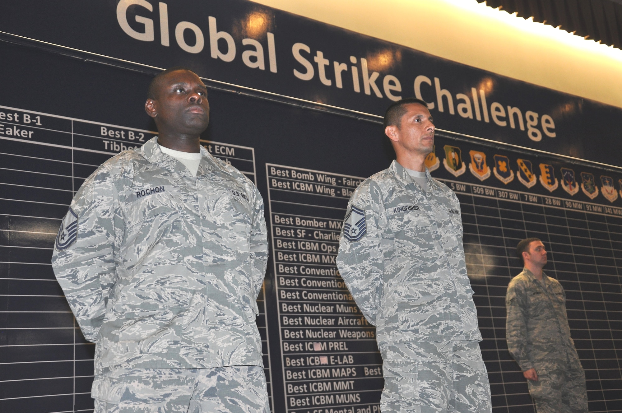 Master Sgt. August F. Rochon Jr., an Air Force Global Strike Command ICBM Facilities Systems Manager, and Senior Master Sgt. Randall Kingfisher, AFGSC Superintendent for ICBM Requirements, practice for the Global Strike Challenge 2014 scoreposting ceremony. (U.S. Air Force photo by Carla Pampe)