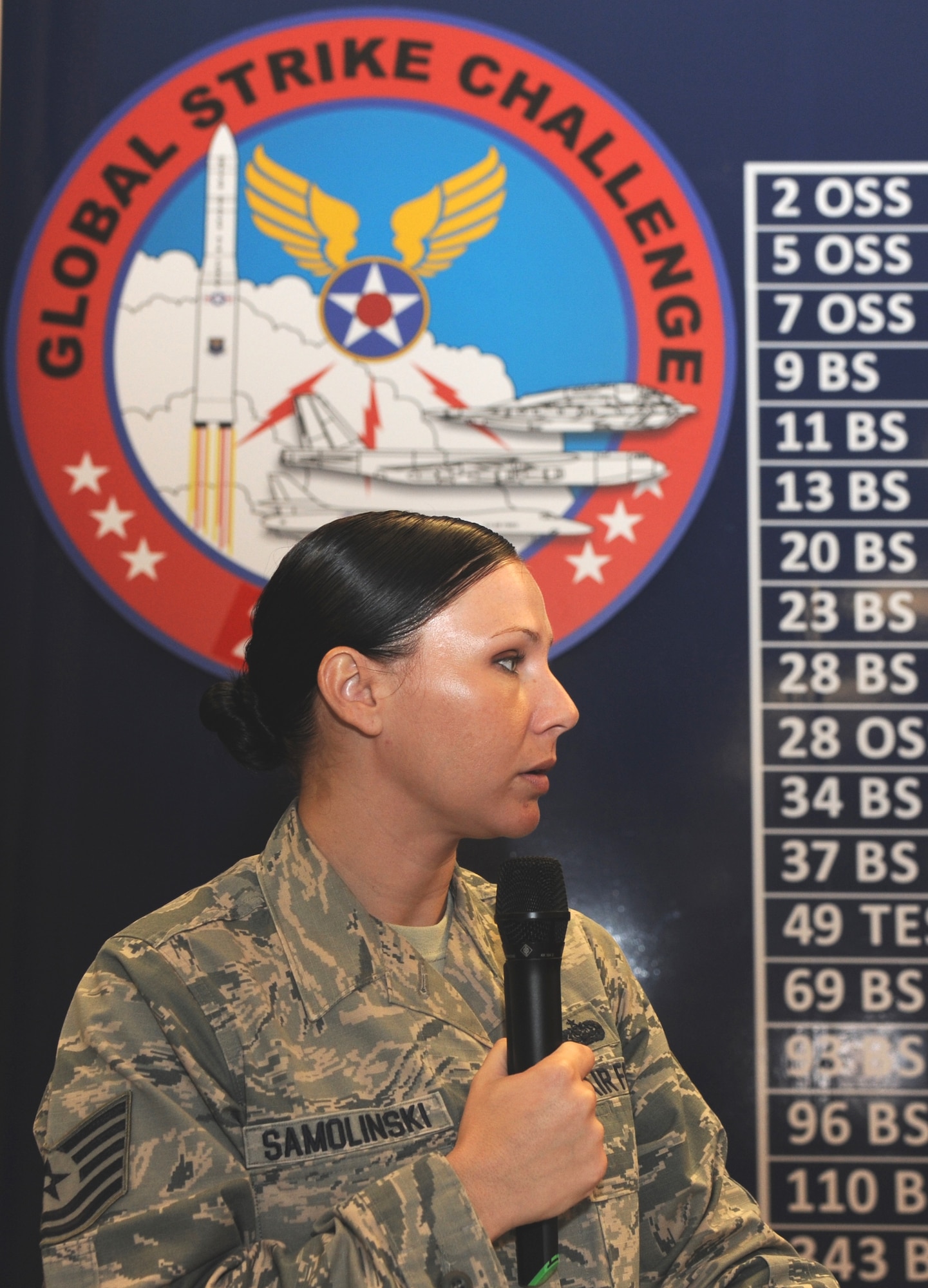 Tech. Sgt. Robin Samolinski, a spectrum manager with Air Force Global Strike Command's communications directorate, practices for her role as emcee for the Global Strike Challenge 2014 scoreposting ceremony. (U.S. Air Force photo by Airman 1st Class Joseph Raatz)