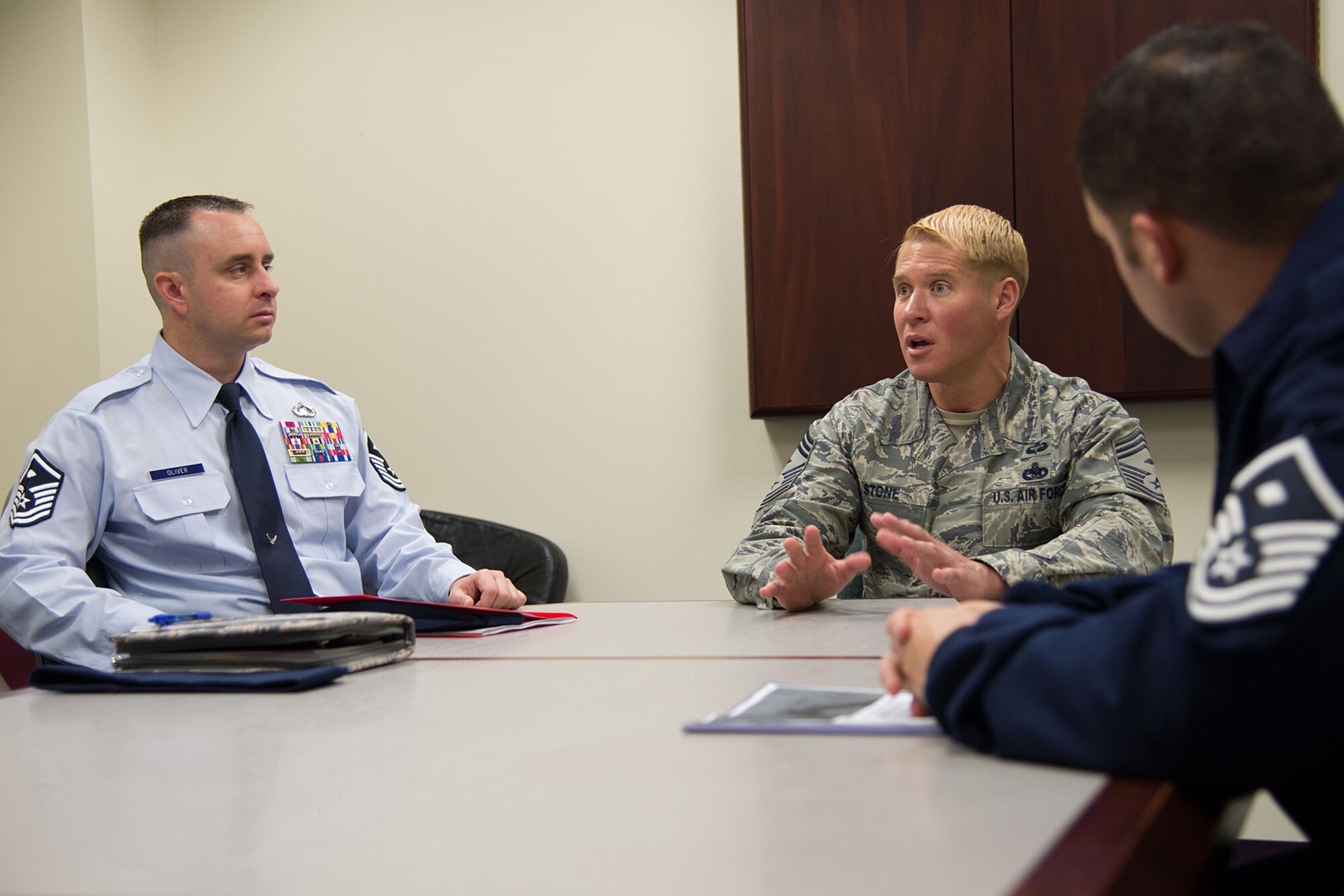Chief Master Sgt. Brian Stone, Air Force Materiel Command first sergeant functional, met with the local first sergeants in the Brown Building Oct. 27. Stone was here to discuss topics that impact the first sergeant career field. (U.S. Air Force photo by Mark Herlihy)
