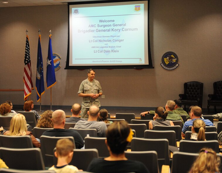 U.S. Air Force Brig. Gen. Kory Cornum, Air Mobility Command surgeon general, addresses family members’ questions Oct. 23, 2014, at Dyess Air Force Base, Texas. Airmen from the 317th Airlift Group and the 7th Bomb Wing will deploy in support of Operation United Assistance. Airmen are taking all prudent steps necessary to stay safe while deployed as part of a comprehensive effort led by the U.S. Agency for International Development to contain the outbreak of the Ebola virus in West Africa. Their equipment, training, procedures and discipline will help them accomplish the mission without putting our nation, its forces and their families at unnecessary risk. (U.S. Air Force photo by Airman 1st Class Autumn Velez/Released)
