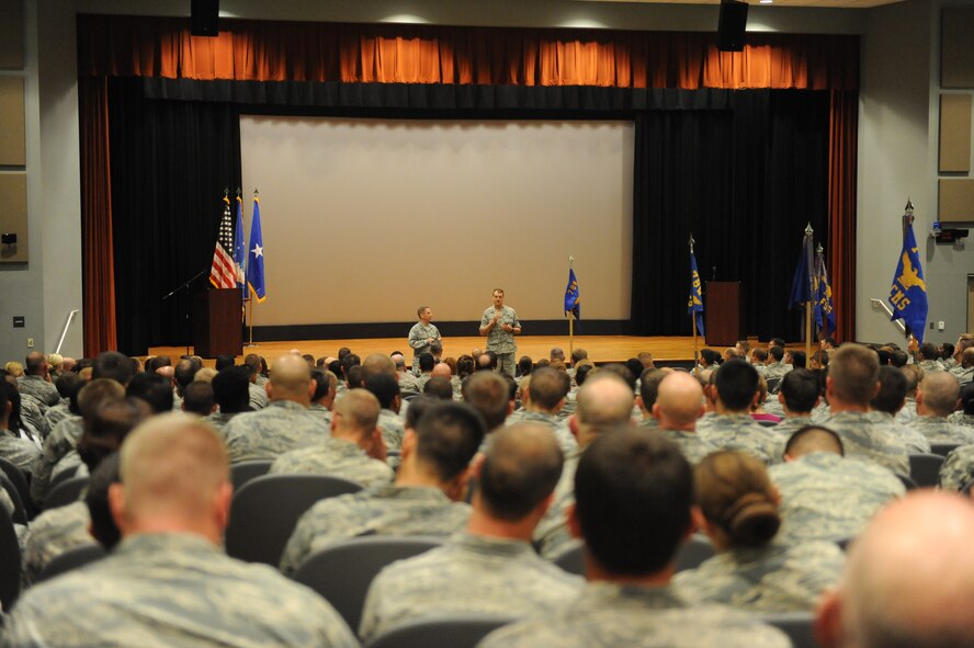 U.S. Air Force Lt. Col. Nicholas Conger, infectious disease physician, left, and U.S. Air Force Brig. Gen. (Dr.) Kory Cornum, Air Mobility Command surgeon general, answer questions Oct. 23, 2014, at Dyess Air Force Base, Texas, about an upcoming deployment. Airmen from the 317th Airlift Group and the 7th Bomb Wing will deploy in support of Operation United Assistance. Airmen are taking all prudent steps necessary to stay safe while deployed as part of a comprehensive effort led by the U.S. Agency for International Development to contain the outbreak of the Ebola virus in West Africa. Their equipment, training, procedures and discipline will help them accomplish the mission without putting our nation, its forces and their families at unnecessary risk. (U.S. Air Force photo by Airman 1st Class Autumn Velez/Released)
