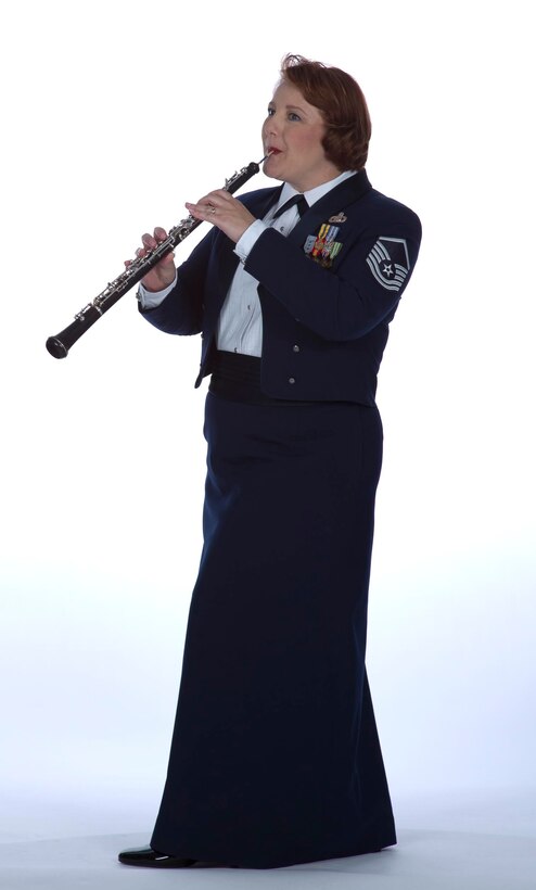 Master Sgt. Coreen Levin poses with her oboe. (U.S. Air Force photo by GS-09 T.C. Perkins)
