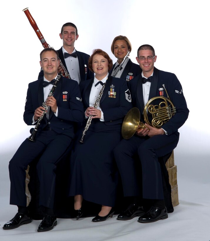The Golden West Winds, a component of the U.S. Air Force Band of the Golden West, pose for a studio portrait. (U.S. Air Force photo by GS-09 T.C. Perkins)