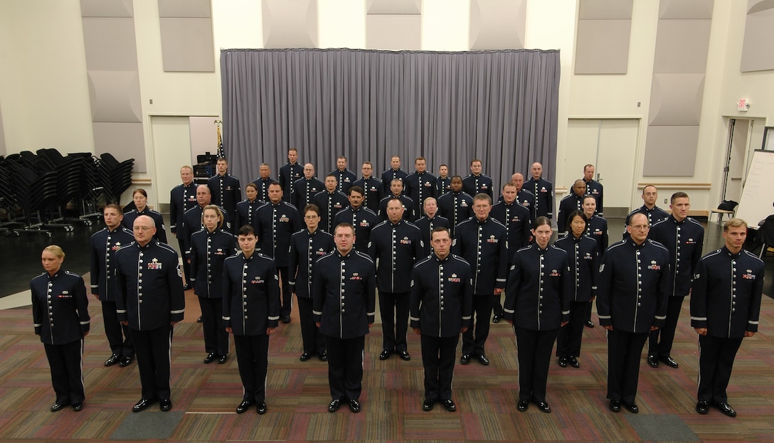 The Band of the Golden West turns out en masse to model the then-new Ceremonial Tunic uniform in this 2007 file photo. (US Air Force Photo)