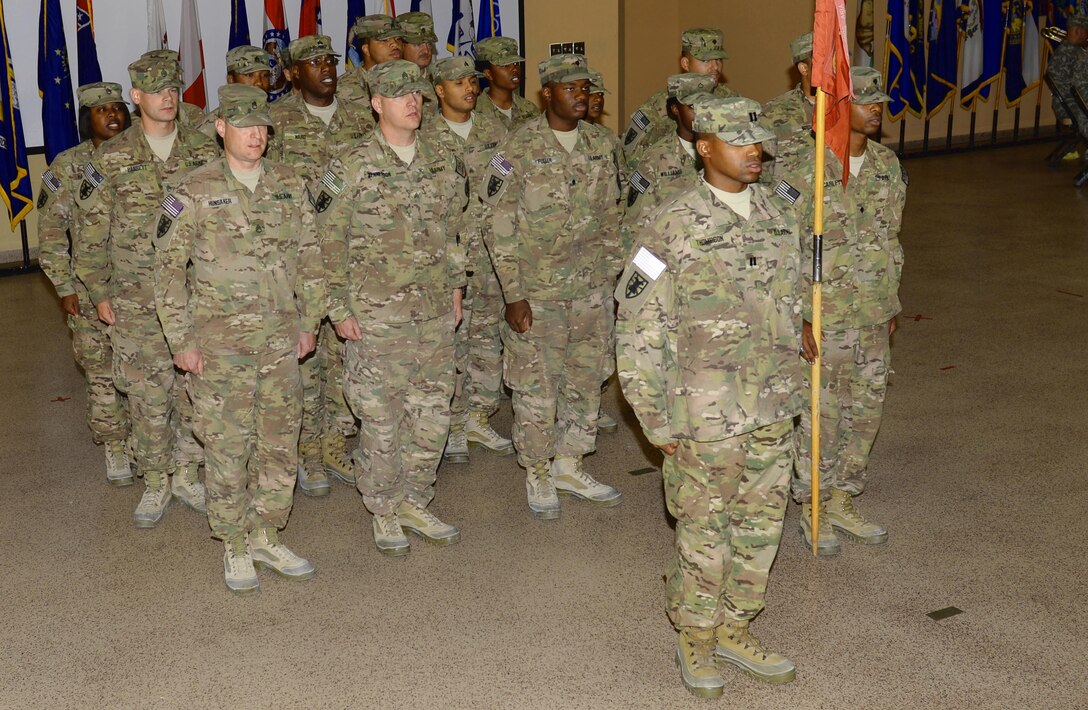 U.S. Army Soldiers from the 53rd Transportation Battalion (Movement Control), 612th Movement Control Team, sound off during a redeployment ceremony at Fort Eustis, Va., Oct. 28, 2014. The unit deployed to Afghanistan in support of Operation Enduring Freedom. (U.S. Air Forcce photo by Staff Sgt. Teresa Cleveland/Released)