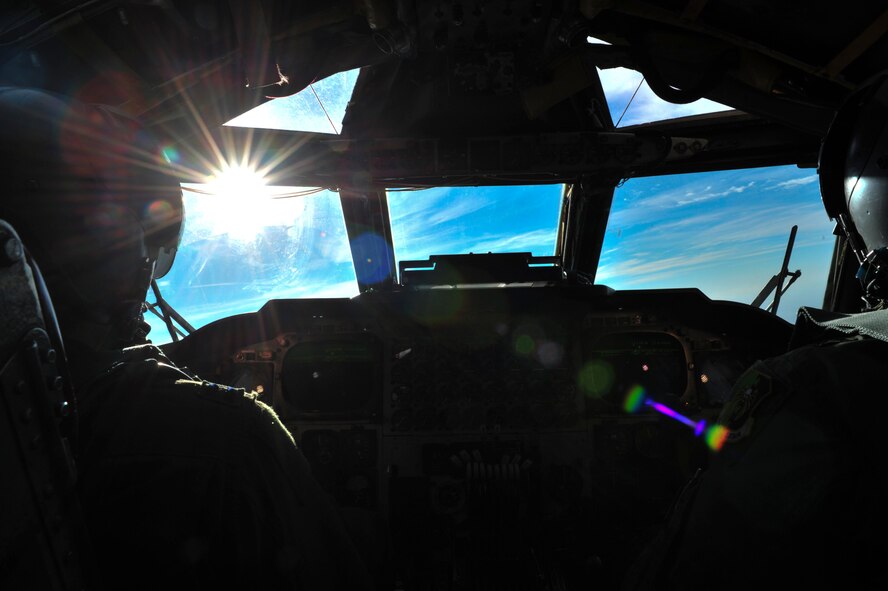 U.S. Air Force Capt. Joseph Cangealose, a 69th Bomb Squadron training-flight commander, and Capt. Creighton Moorman, 23rd Bomb Squadron assistant training-flight commander, fly a B-52H Stratofortress during a simulated nuclear response mission of Global Thunder 15 at Minot Air Force Base, N.D., Oct. 26, 2014. Global Thunder is a U.S. Strategic Command annual field training and battle staff exercise designed to exercise all mission areas with primary emphasis on nuclear command, control and communications. This field training and battle staff exercise provides training opportunities for components, task forces, units, and command posts to deter and, if necessary, defeat a military attack against the United States and to employ forces as directed by the president. (U.S. Air Force photo by Senior Airman Malia Jenkins)