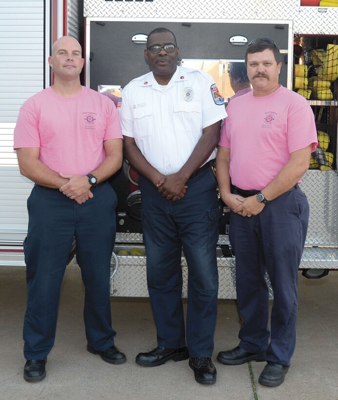 Marine Corps Logistics Base Albany’s fire and safety personnel attend the 20th annual Kids Fire Safety Show at the Albany Civic Center, Albany, Georgia, recently. The MCLB Albany team represented the installation, along with other agencies, who educated hundreds of area elementary students on fire safety. Dressed up for the occasion, which was held during the National Fire Prevention Week observance, are (left to right) Luke Bennett, firefighter/emergency medical technician; Rod Staley, fire inspector; and Alvin Thomas, firefighter/EMT.