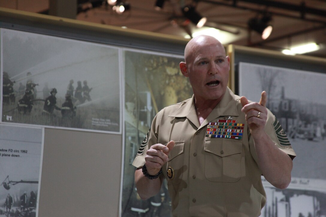 GARDEN CITY, N.Y.—Sgt. Maj. Michael Barrett, the sergeant major of the United States Marine Corps, speaks during a sergeant major relief and appointment ceremony for the 1st Marine Corps District, at the Cradle of Aviation Museum Oct. 30. Barrett is the 17th Sergeant Major of the United States Marine Corps and has served three years in his current billet. (U.S. Marine Corps photo by Lance Cpl. Brandon Thomas)