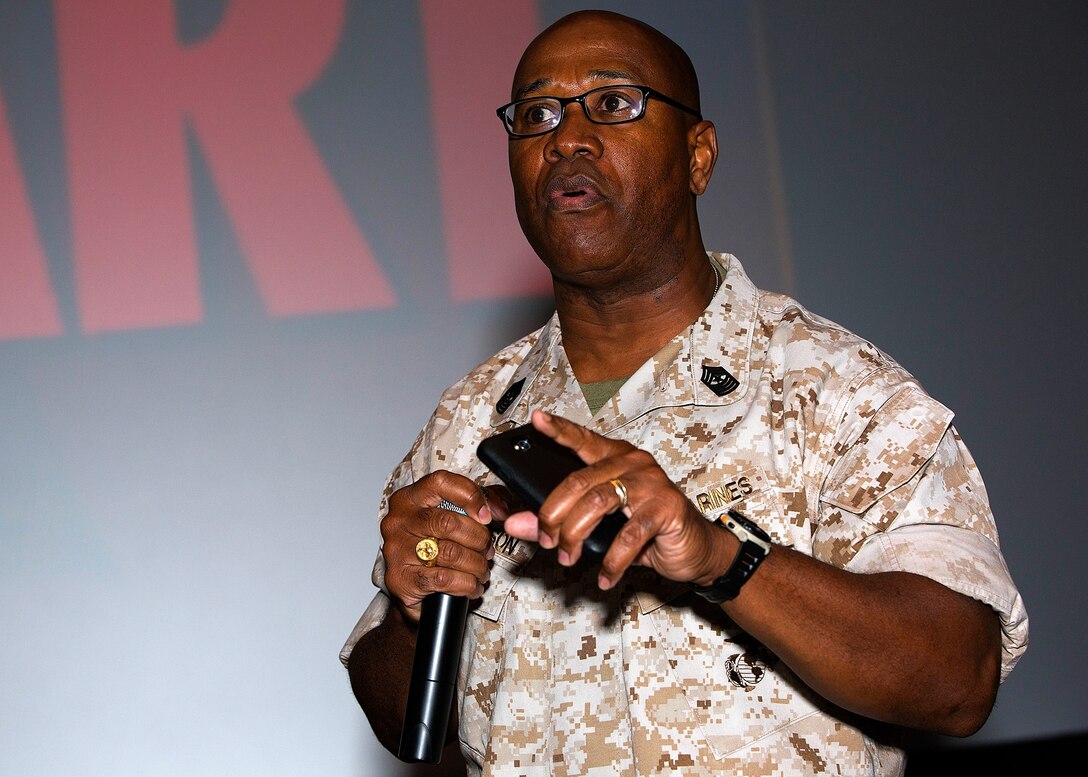 Sgt. Maj. Jackie R. Robertson gave a motivational speech to more than 200 Marines during a base safety brief at the Base Theater here, Oct. 29. Robertson is retiring Friday, Oct. 31, after 30 years of dedicated service to the United States Marine Corps. "The most valuable asset in the Marine Corps is the individual Marine," said Robertson. "The Corps cares about you and your safety, and that's why training like this is so important."