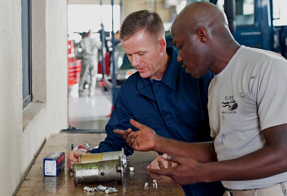 Airman 1st Class Alex Phifer, 8th Logistics Readiness Squadron vehicle maintenance technician, prepares to install a starter on a vehicle with Col. Ken “Wolf” Ekman, 8th Fighter Wing commander at Kunsan Air Base, Republic of Korea, Sept. 5, 2014.  Phifer was recognized by the 8th LRS as one of their outstanding performers. (U.S. Air Force photo by Senior Airman Divine Cox)