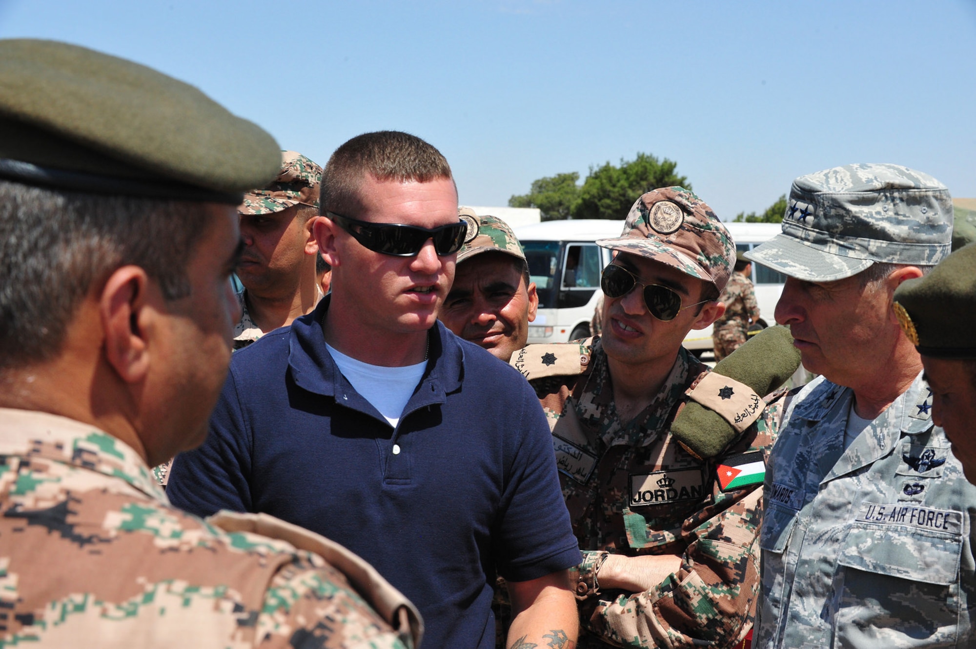 Maj. Gen. H. Michael Edwards, the Adjutant General of Colorado, and other Colorado National Guard senior leaders observe a training exercise facilitated by the CONG Chemical, Biological, Radiological and Nuclear (CBRN) Enhanced Response Force Package (CERFP) team at Maffaq Armor Base, Jordan, May 12, 2014. (Army National Guard photo by 1st Lt. Skye Robinson)