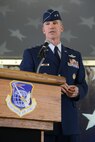 Maj. Gen. Michael Keltz, who assumed command of the 19th Air Force Oct. 24, addresses the audience at Joint Base San Antonio-Randolph. Keltz previously served as director of the Intelligence, Operations and Nuclear Integration Division at Air Education and Training Command. (U.S. Air Force photo by Joel Martinez)