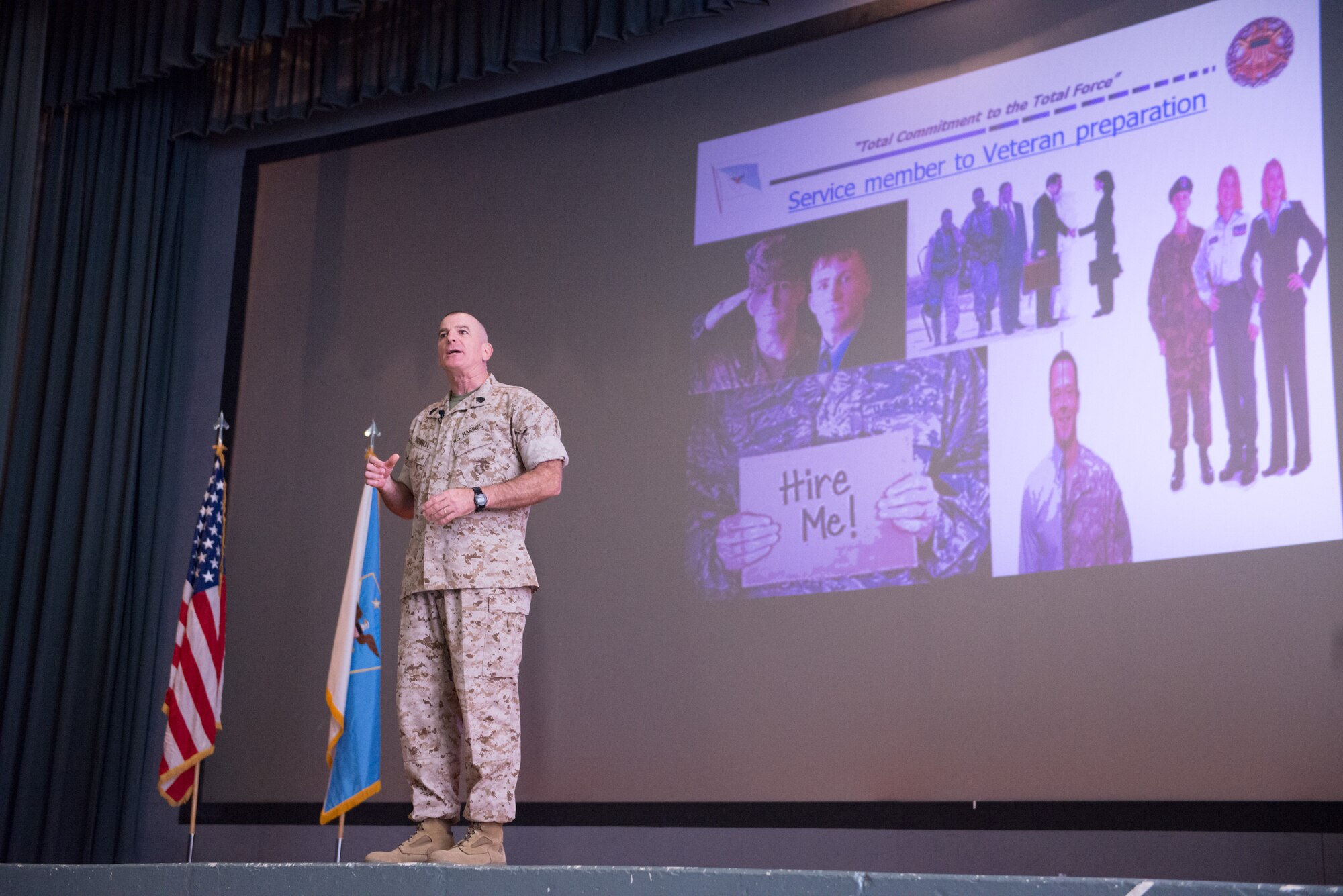 Marine Corps Sgt. Maj. Bryan Battaglia, senior enlisted advisor to the chairman of the Joint Chiefs of Staff, visited Travis Oct. 20 to 21. During his tour, the armed forces' highest ranking enlisted member engaged with Airmen from the base's three wings to learn about their varied missions. During an all-call with nearly 600 Airmen, Battaglia emphasized the importance of resiliency and bridging divides between generations of service members when seeking to improve operations. (U.S. Air Force photo by Ken Wright)