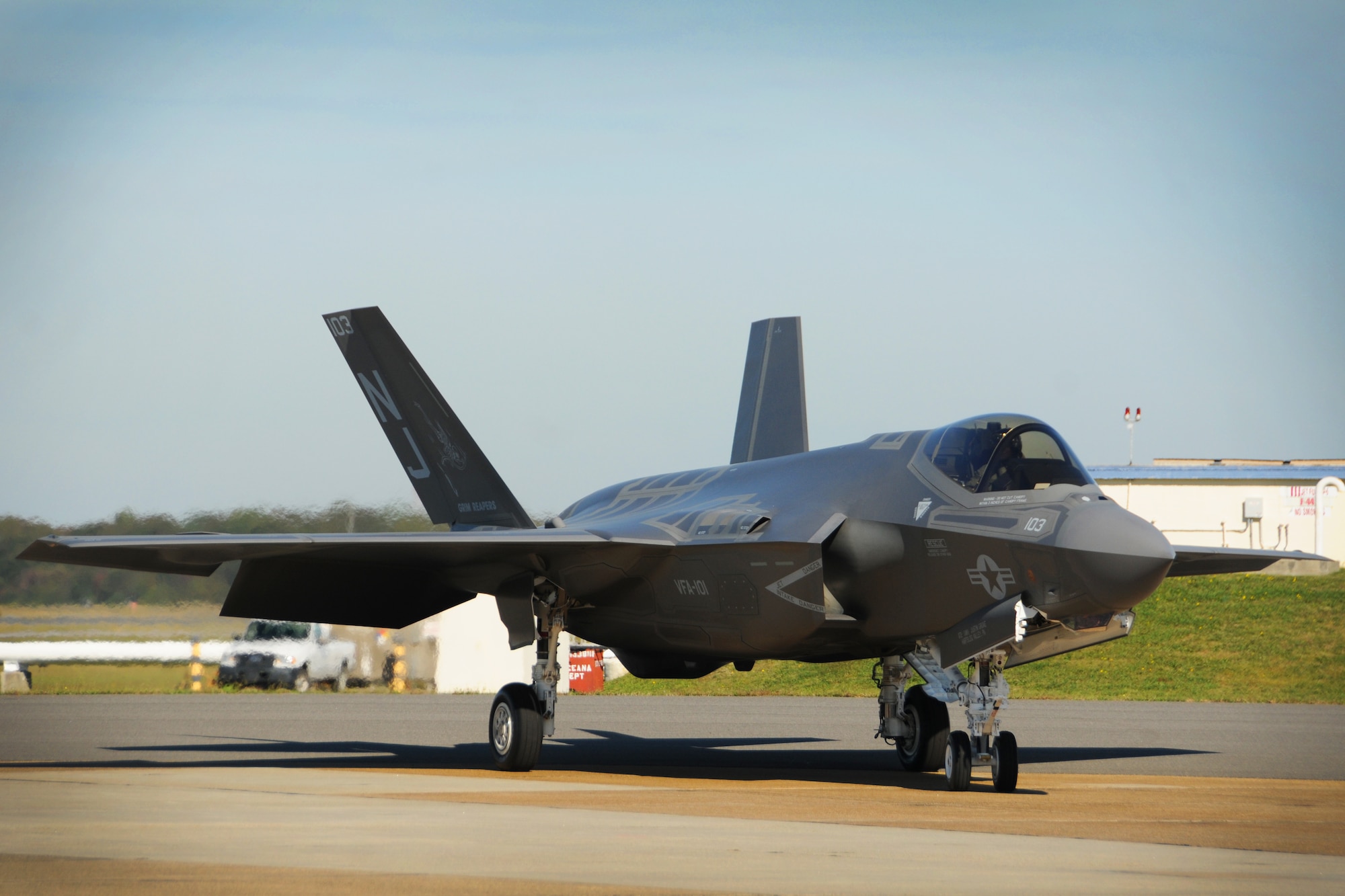 An F-35C Lightning II, assigned to the "Grim Reapers" of Strike Fighter Squadron (VFA) 101, completes its first landing at Oceana, providing Sailors a chance to learn more about the platform.  The F-35 is a single seat, multi-role fighter aircraft designed to replace the F/A-18 Hornet and AV-8B Harrier. The aircraft was planned with a common design, but consists of three unique service variants capable of performing ground attack, reconnaissance and air defense missions. The F-35C is the carrier variant of the Lockheed Martin built aircraft. (U.S. Navy photo by Mass Communication Specialist 1st Class Ernest R. Scott/Released)