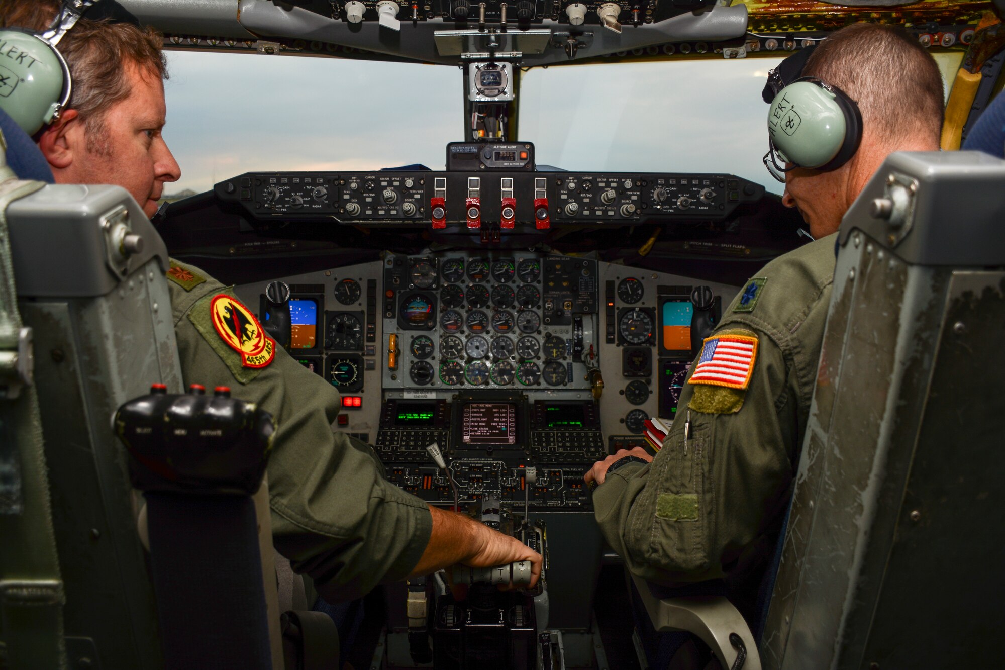Maj. John Kearns, left and Lt. Col. Marvin Ashbaker prepare a KC-135R Stratotanker for takeoff during the recent Global Thunder exercise.  Flight crews remained on alert during the exercise in preparation for no notice missions.  Global Thunder is an annual exercise led by U.S. Strategic Command.  Its purpose is to demonstrate the capability to generate aircraft for the nuclear enterprise.  (U.S. Air Force photo/Senior Airman Mark Hybers)