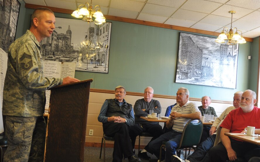 Air Force Reserve Chief Master Sgt. David Prokop, wing staff senior enlisted advisor with the 910th Airlift Wing, speaks at a Chatterbox meeting at a local restaurant here, October 28, 2014. Prokop spoke to area members about the wing mission and impact of Youngstown Air Reserve Station on the local community. U.S. Air Force photo by Mr. Brent J. Davis