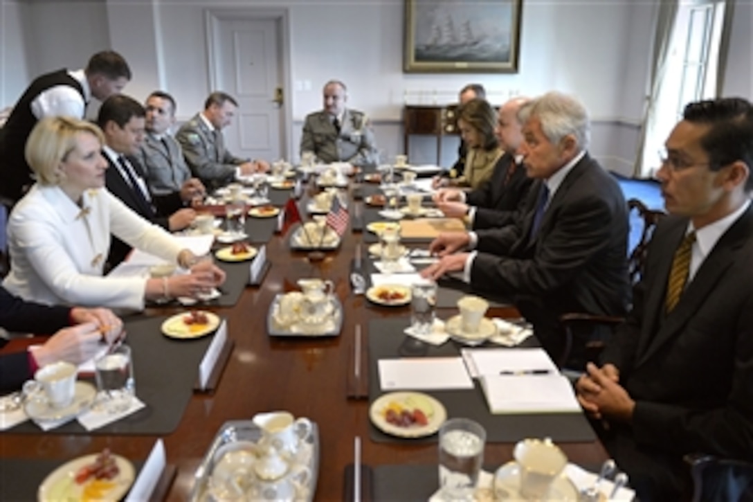 U.S. Defense Secretary Chuck Hagel meets with Albanian Defense Minister Mimi Kodheli at the Pentagon, Oct. 30, 2014, t to discuss issues of mutual importance.