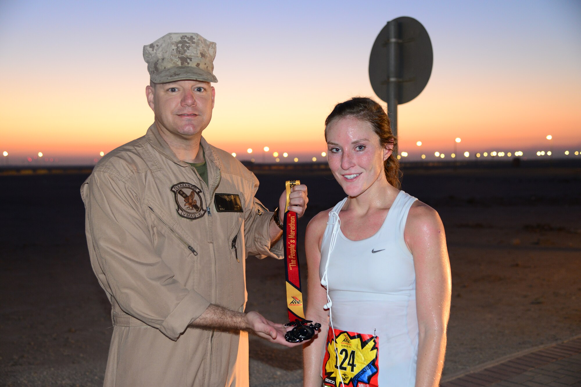 Air Force 2nd Lt. Sarah Auer, from the 379th Expeditionary Civil Engineer Squadron, at Al Udeid Air Base, Qatar, took first place during the Marine Corps Marathon-Forward October 26. Auer's run time was three hours and eight minutes. (U.S. Air Force photo by Staff Sgt. Ciara Wymbs)