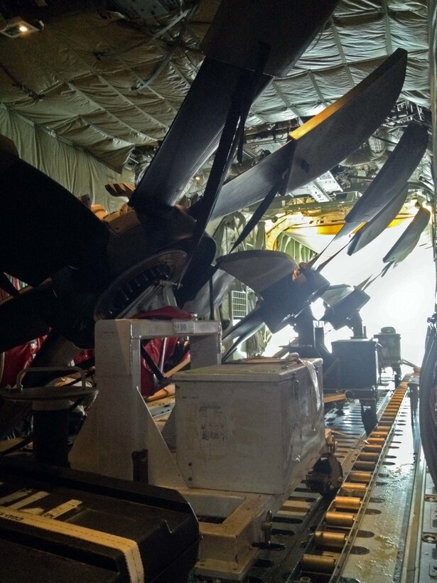 Three propellers are loaded into the cargo compartment of a KC-130J Super Hercules from Marine Aerial Refueler Transport Squadron 252 at Marine Corps Air Station Cherry Point, N.C., Oct. 15, 2014.  VMGR-252 conducted a flight in support of deployed unit, or FISDU, to Moron Air Base, Spain, transporting necessary parts and supplies to its detachment that is currently deployed supporting Special Purpose Marine Air-Ground Task Force Crisis Response.