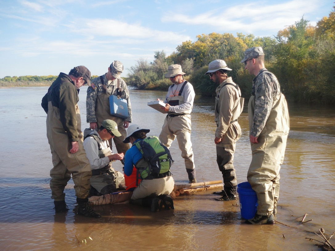 ALBUQUERQUE, N.M., -- District Commander Lt. Col. Patrick Dagon, far right, and Maj. Jason Melchior look on as fish are counted, Oct. 20, 2014.