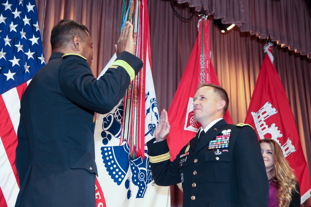 U.S. Army Corps of Engineers Commanding General and 53rd Chief of Engineers Lt. Gen. Thomas Bostick (left) promoted Pacific Ocean Division Commander Col. Jeffrey L. Milhorn to the rank of brigadier general, Oct. 30, in Washington, D.C. The ceremony, called a "frocking," symbolizes the confidence that senior officers, the Congress and the President have placed in Milhorn's leadership.  